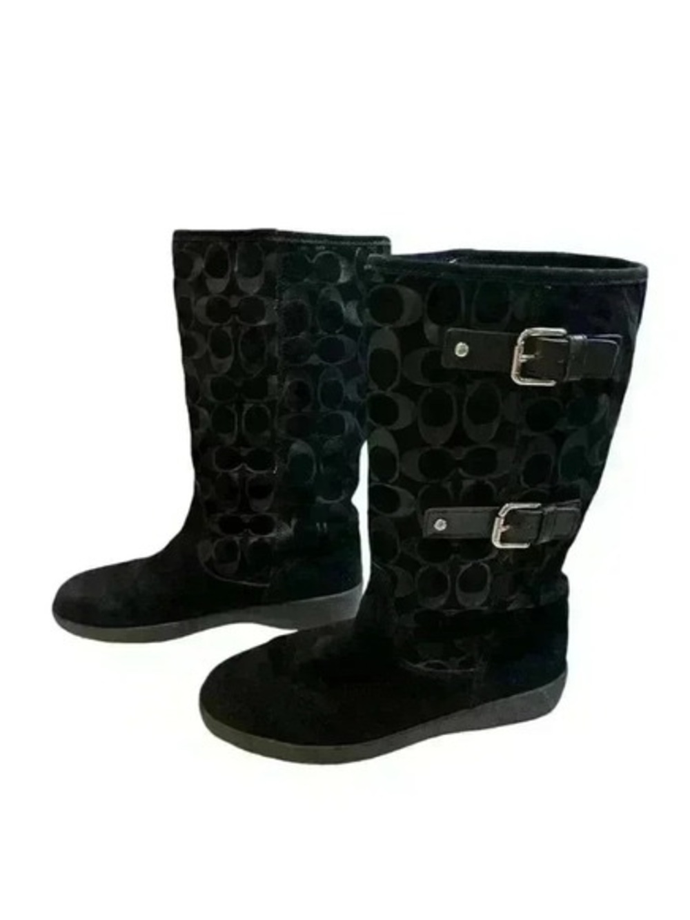 Coach Black Suede Signature Logo Mid-Calf Boots with Double Buckles